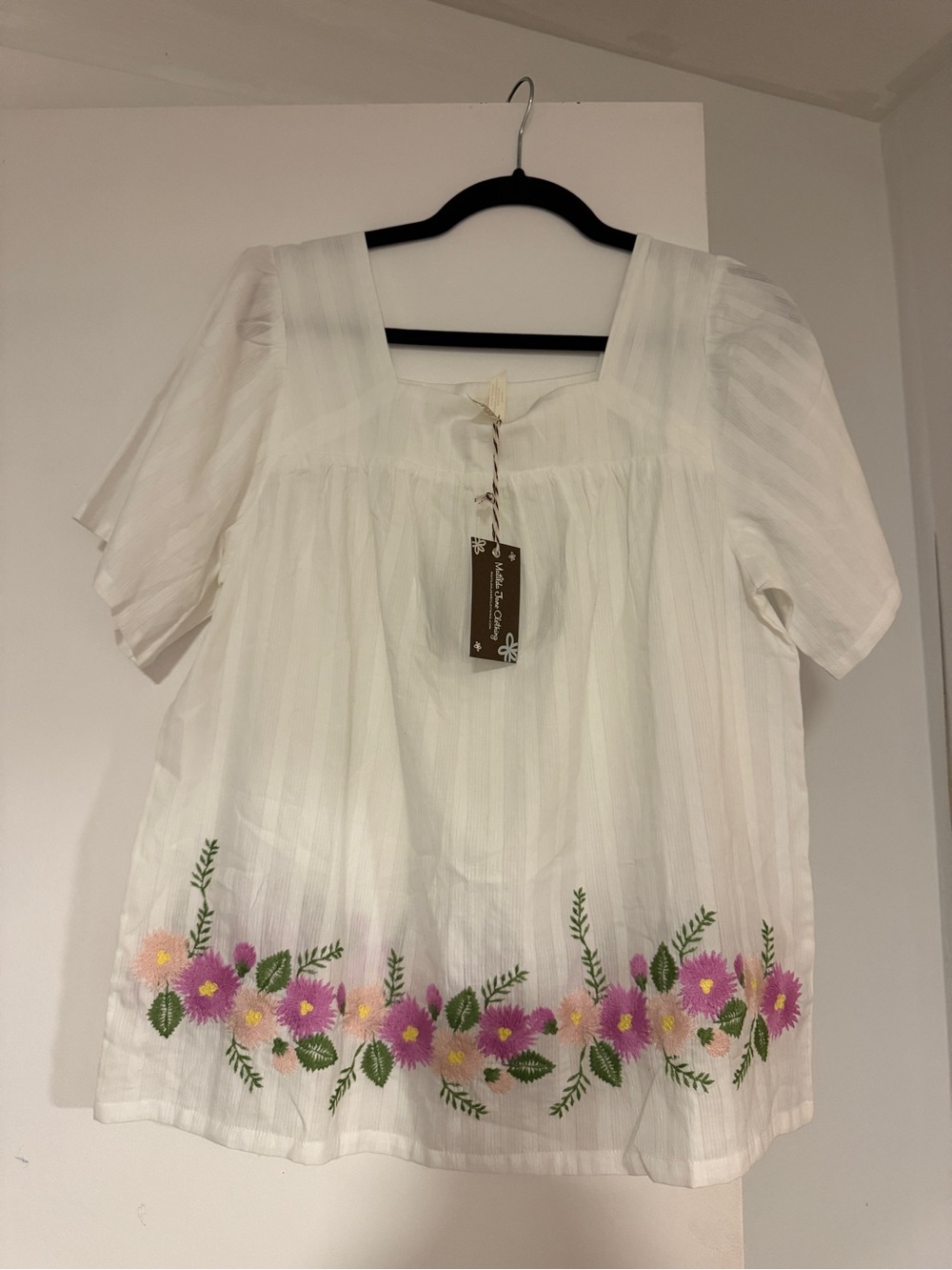 White 100% Cotton Peasant Top with Pink Floral Embroidery